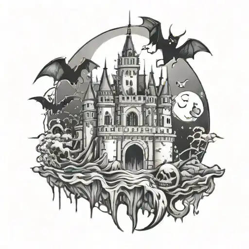 cyber sigilism castle with bats and moon tattoo design idea