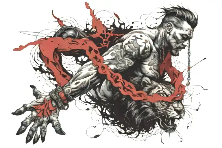 man chained to lion wearing a crown roaring  tattoo design idea