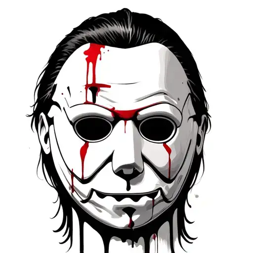 A detailed close-up of Michael Myers' mask with a subtle hint of blood tattoo design idea