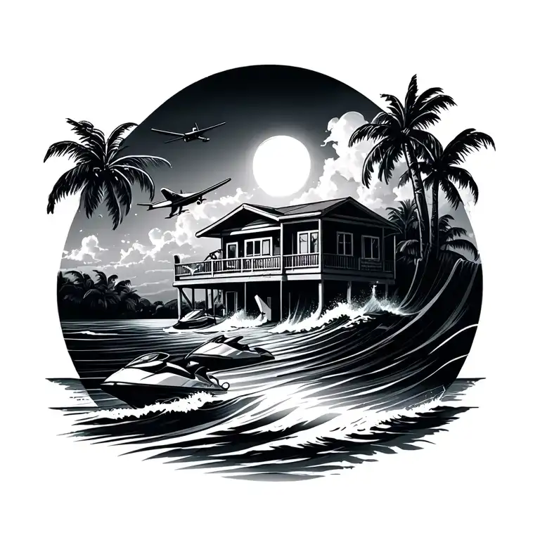 beach house , beach, palm trees , jet ski , airplane , waves, sunlight , alcohol  tattoo design idea