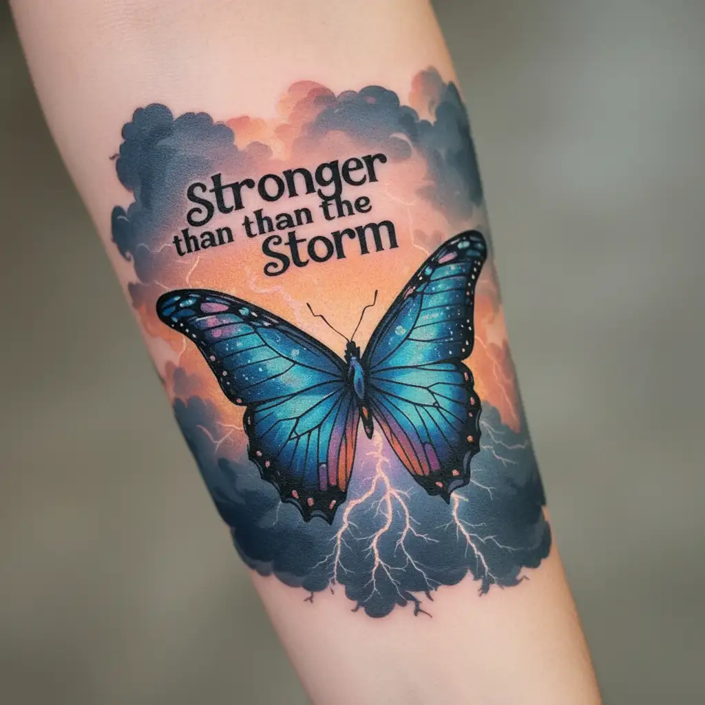 "Stronger than the storm"  Stronger than the storm" butterfly emerging from storm clouds forming the shape lightening tattoo design idea