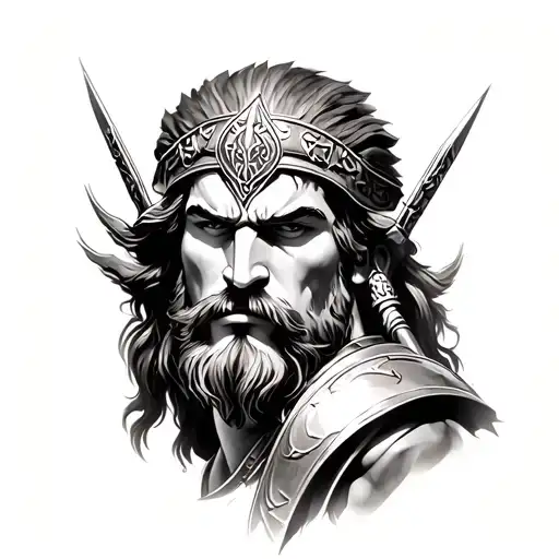 Design a detailed, mythological-style tattoo featuring Ares, the Greek God of War, depicted as a fierce, proud warrior w tattoo design idea