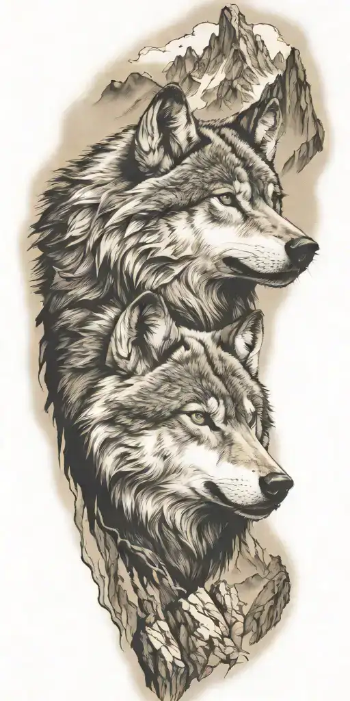 mountains and wolf head tattoo design idea
