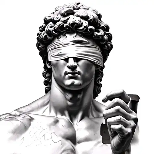 David Di Michelangelo, with a blindfold on the black eyes, who holds a two -flat scale in his hand tattoo design idea