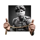 David Di Michelangelo, with a blindfold on the black eyes, who holds a two -flat scale in his hand tattoo design idea