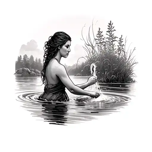 A woman washing in the river tattoo design idea