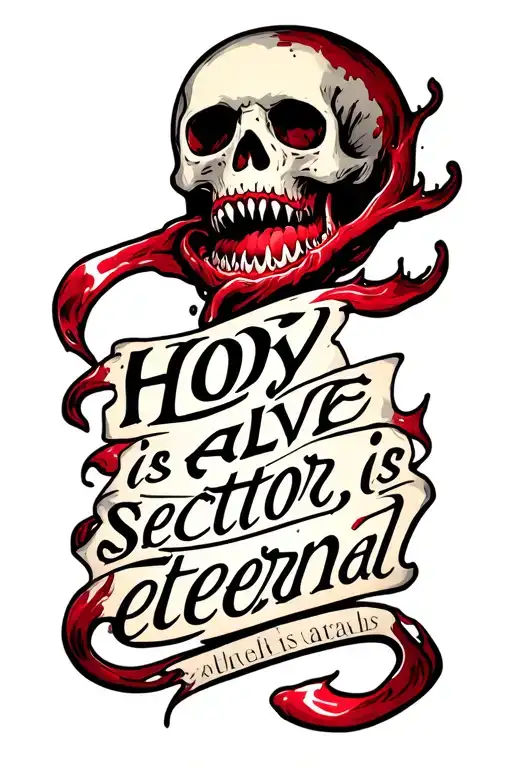 Skull with fangs in the blood smile at a color -colored drawing in the style of Gothic from below The inscription "Hoy is alive, sector is eternal" tattoo design idea