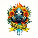 "Disaster in Our Sights " full face respirator surrounded by flowers with a ribbon of caution tape. Fire in the background and water leaking below tattoo design idea