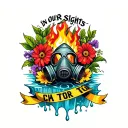 "Disaster in Our Sights " full face respirator surrounded by flowers with a ribbon of caution tape. Fire in the background and water leaking below tattoo design idea