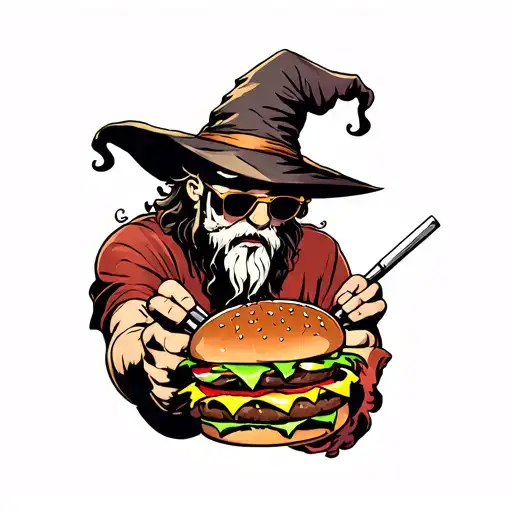 stoner wizard fighting over a burger wearing shades tattoo design idea