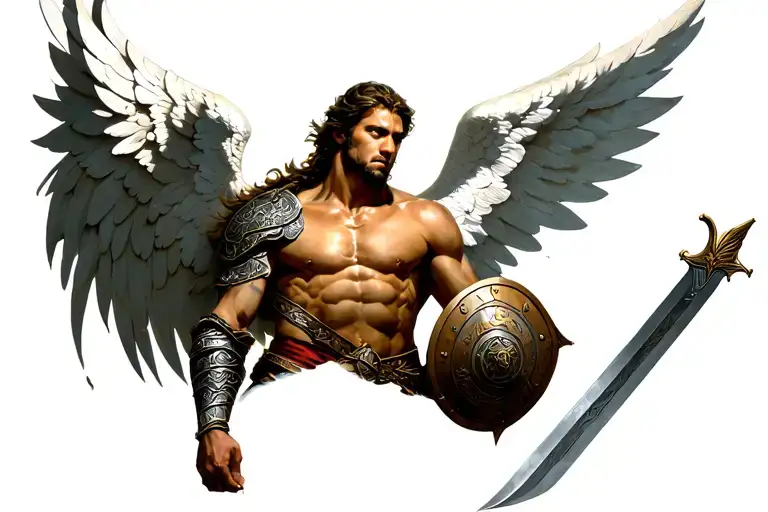 warrior men angel holding a sword and shield tattoo design idea