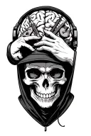 hooded skull wearing headphones with its hand taking of a mans head cap to reveal a brain full of music instruments tattoo design idea