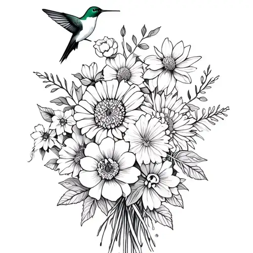 1 of each flower,  rose, carnation, daffodil, Chrysanthemum in a bouquet together with 1 hummingbird tattoo design idea