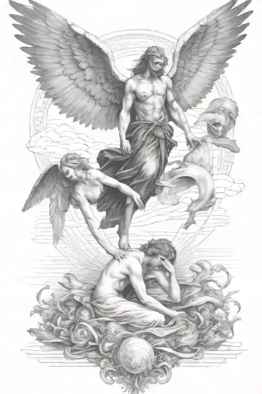 fallen angel and saint of the sea to earth tattoo design idea