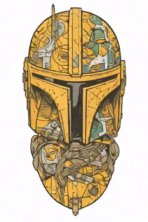  mandalorian helmet made up of images of jedi fighting each other tattoo design idea