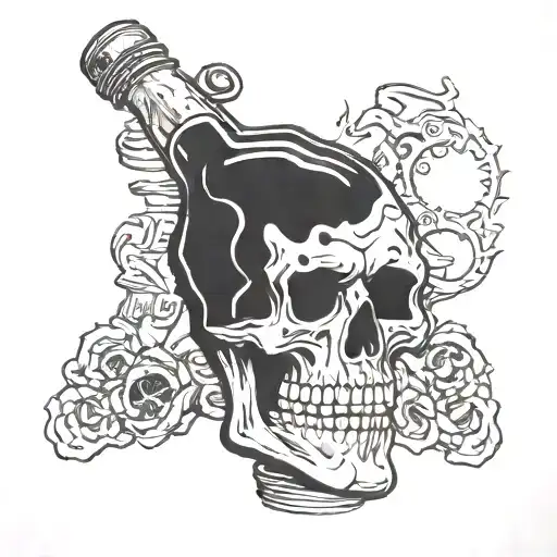 scary skeleton drinking bottle of alcohol addiction tattoo design idea