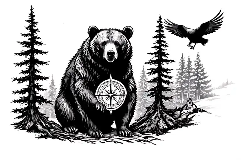 Bear, forest, compass, birds tattoo design idea