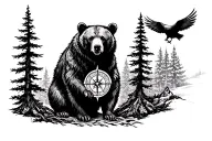 Bear, forest, compass, birds tattoo design idea