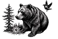 Bear, forest, compass, birds tattoo design idea