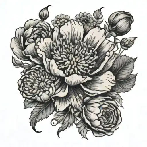 poppy flower and rose flower and daisy flower and chrysanthemum in bouquet tattoo design idea
