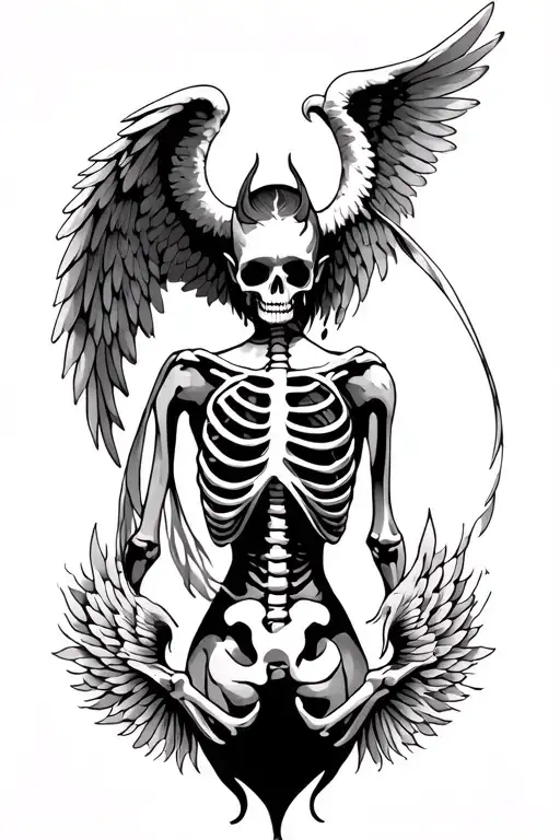 back tattoo with a pair of angel wings, a pair of demon wings and a pair of skeleton wings tattoo design idea