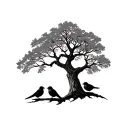 Please create a forearm tattoo in black and white. A full realistic oak tree with 3 black and white robins sat on a bran tattoo design idea