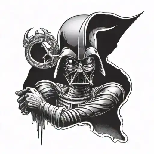 an alien with the head of Darth Vader and on the right hand a peace tattoo design idea