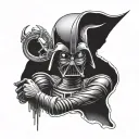 an alien with the head of Darth Vader and on the right hand a peace tattoo design idea