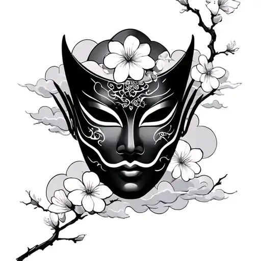 kabuki mask with cherry blossom and thunder clouds tattoo design idea