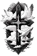 cross and clouds with dove and bible verse written tattoo design idea
