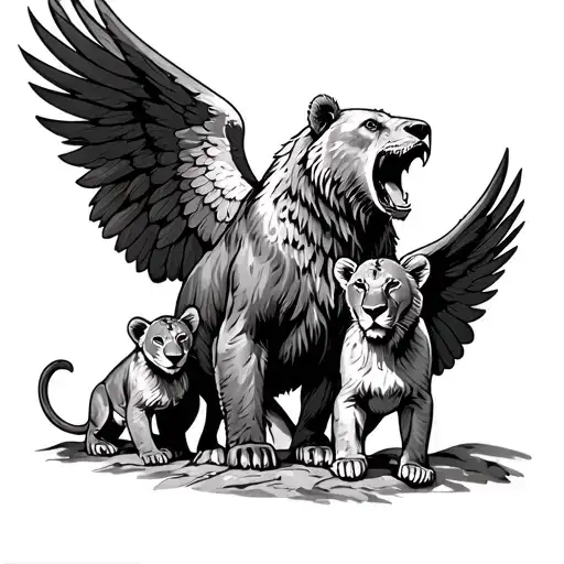 momma bear roaring with two cubs with a lioness and her two cubs.  wrapped in protection by eagle wings tattoo design idea