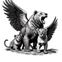 momma bear roaring with two cubs with a lioness and her two cubs.  wrapped in protection by eagle wings tattoo design idea