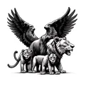 momma bear roaring with two cubs with a lioness and her two cubs.  wrapped in protection by eagle wings tattoo design idea