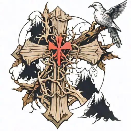 Wooden cross on moutain range outline, wrapped in thorns with doves fling past.  tattoo design idea