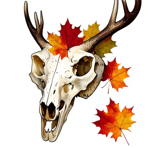 Grizzly Bear Skull, whiteatail buck skull fall leaves turkey tail fan tattoo design idea