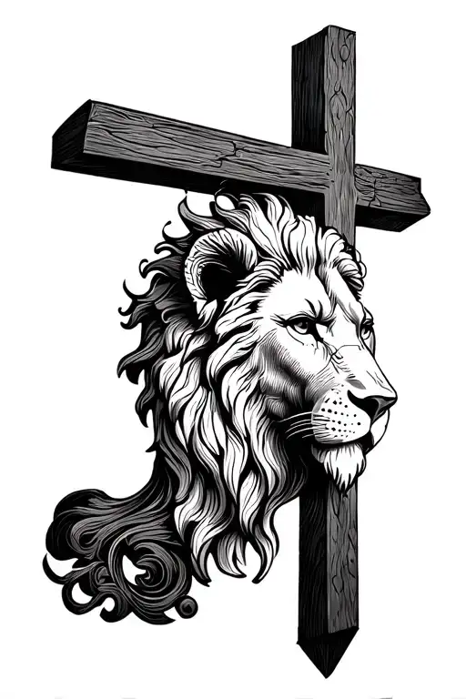 Lion head at the back of a Christian cross tattoo design idea