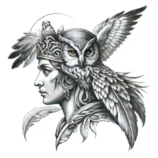 goddess athena with owl amd feathers    tattoo design idea