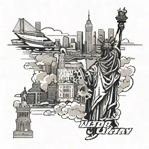 nyc skyline, with number 6 subway, birds, clouds, street signs, Statue of Liberty  tattoo design idea