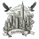 nyc skyline, with number 6 subway, birds, clouds, street signs, Statue of Liberty  tattoo design idea