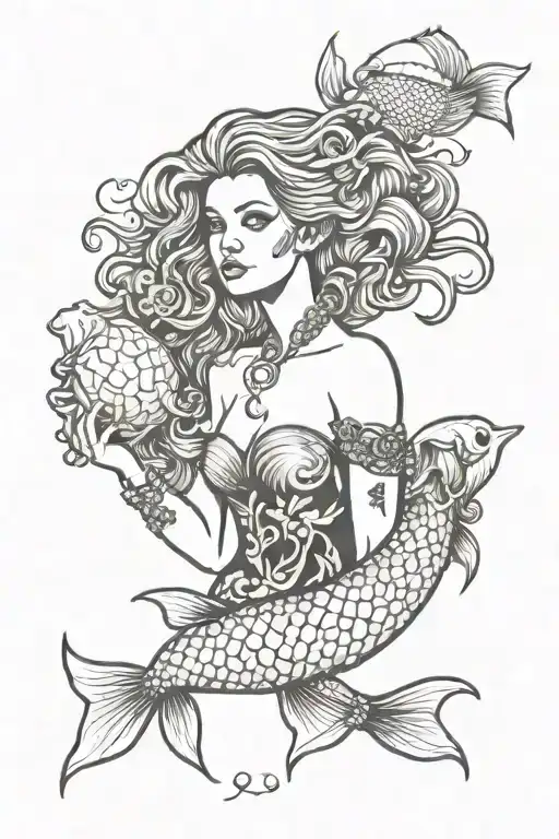 mermaid holding brain coral reef tattoo design idea