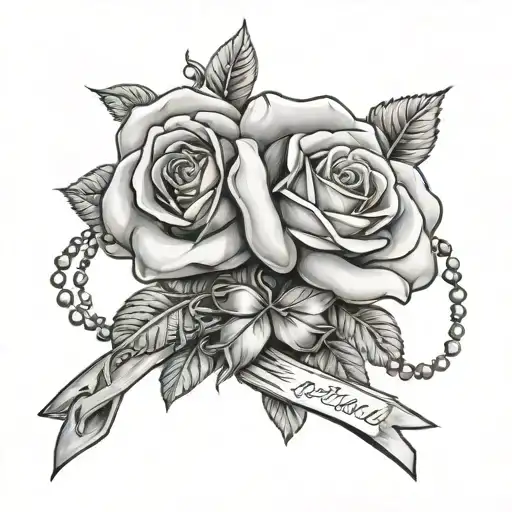 Rose memorial with prayer beads and ribbon wrapped tattoo design idea