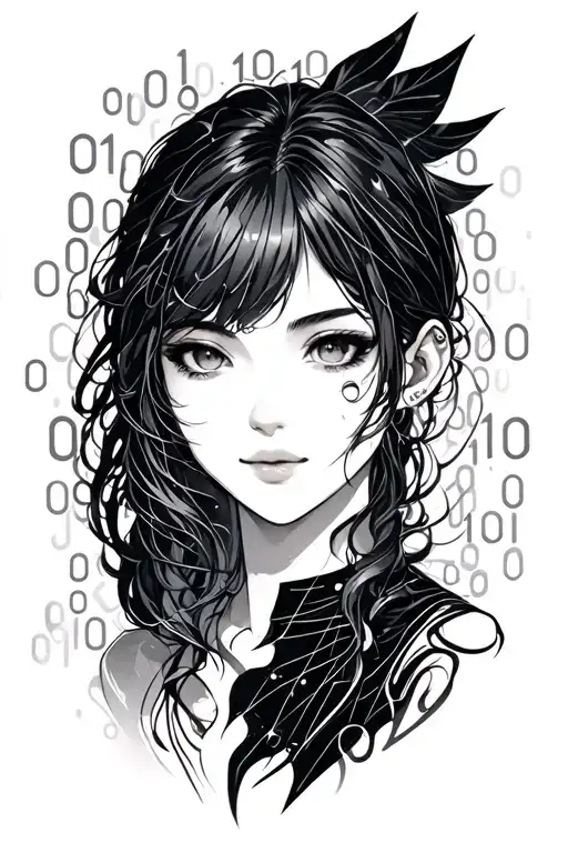 Manga with line and binary code tattoo design idea