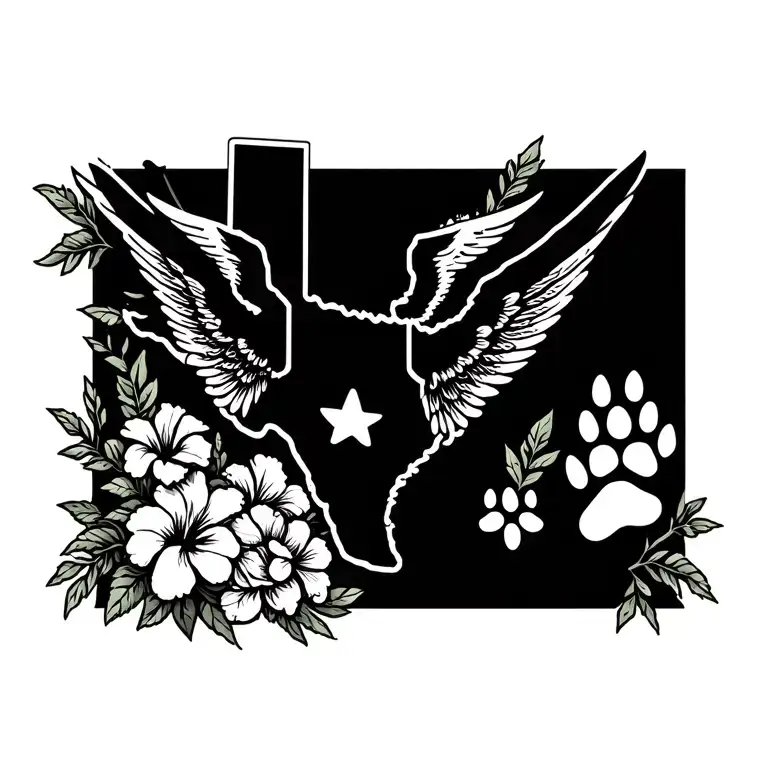 Texas outline with angel wings, hibiscus flowers and dog paw print tattoo design idea