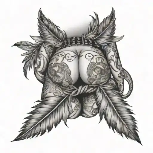 sexy tattooed male buttock with a motif of a woman with tied eyes and feathers tattoo design idea