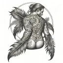 sexy tattooed male buttock with a motif of a woman with tied eyes and feathers tattoo design idea