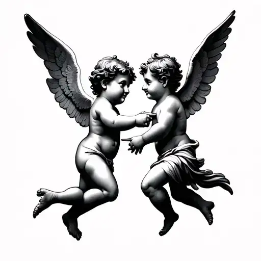 two cherubs flying pointing at each other tattoo design idea