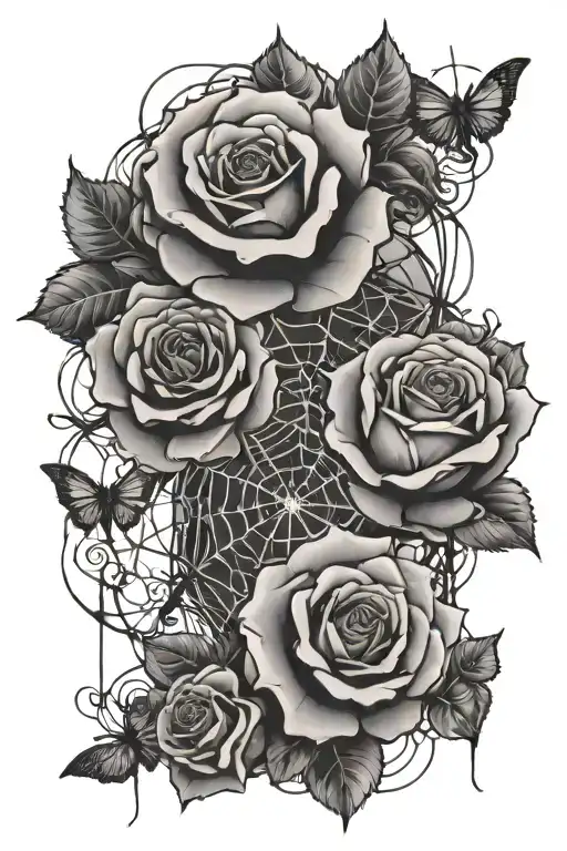 roses and spider webs surrounding tattoo design idea
