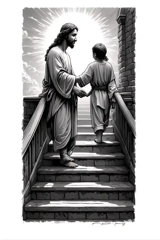 a kid holding jesus hand walking up the stairway to heaven tattoo design idea