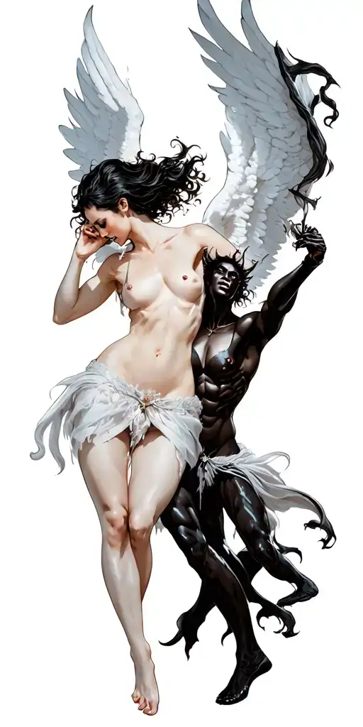 1 sexy angel in white vs. 1 sexy demon in black fighting tattoo design idea