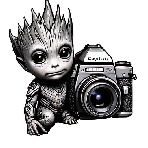 Baby Groot and Camera tattoo design idea